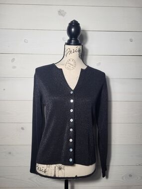Joseph A. Silk Cardigan Black Metallic Shimmer V-Neck Button Up Elegant Sweater.